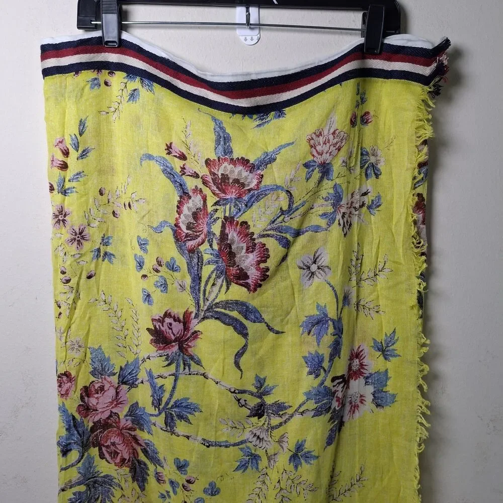 NEW Inouitoosh 78x42 Floral Scarf Wrap 100% Cotton Yellow Red Navy Border Preppy